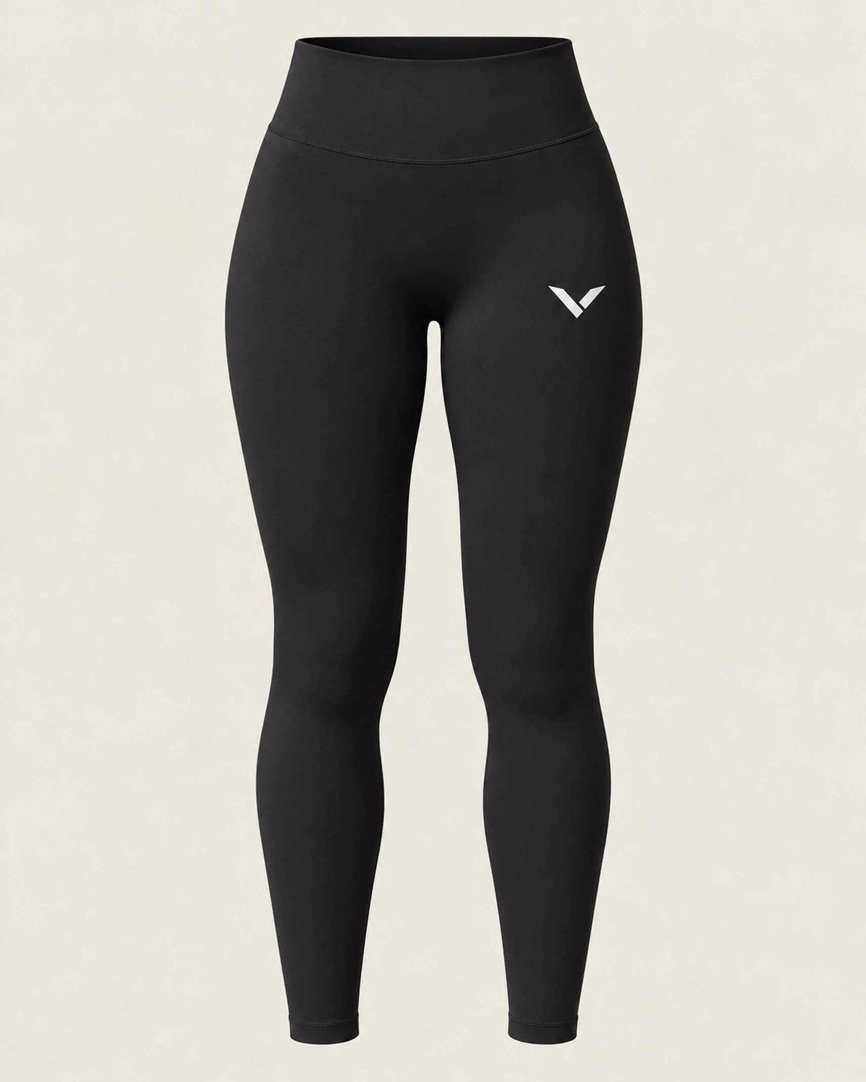 The black VEYVU high-waisted leggings, front view.