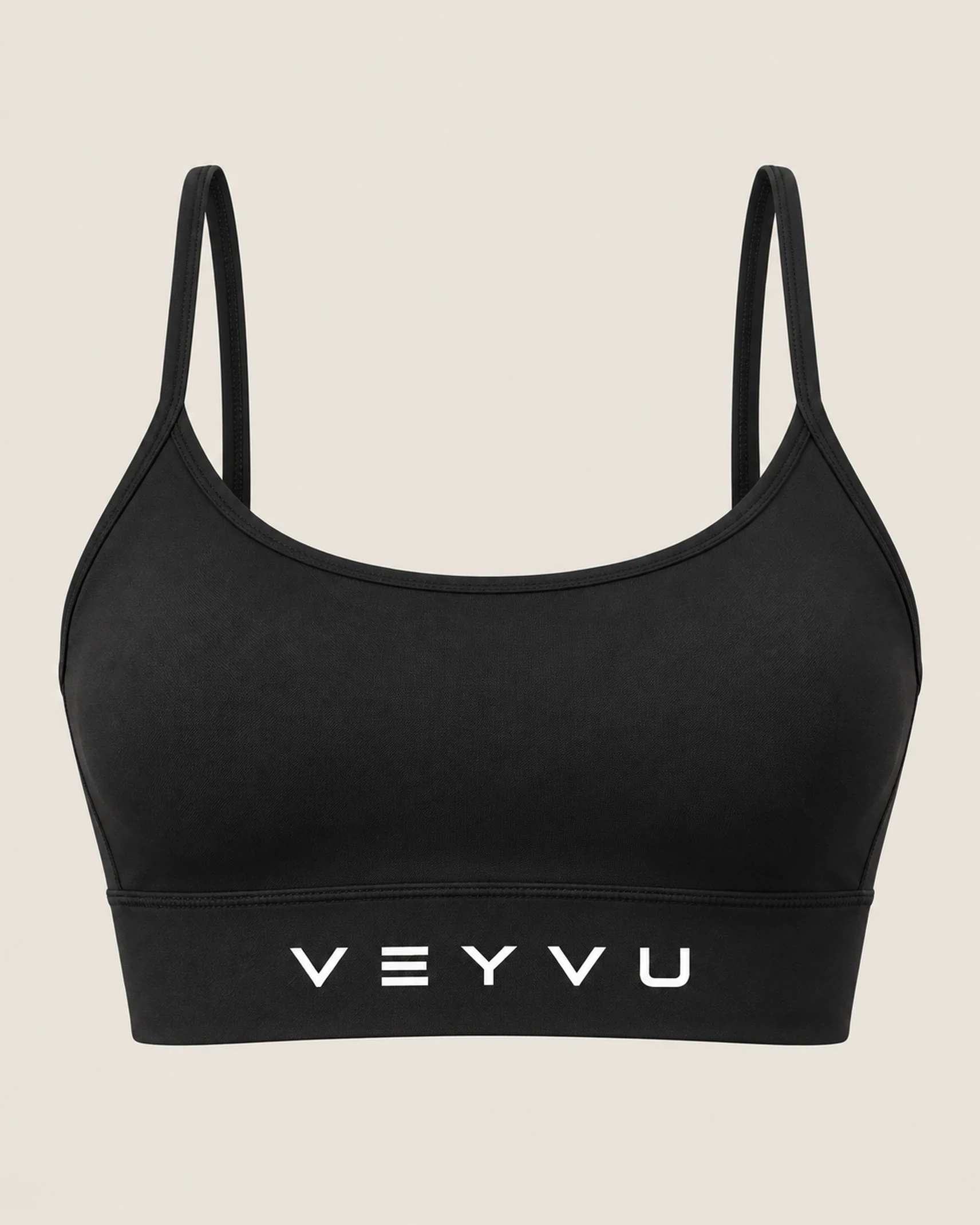 The black VEYVU sports bra, front view.