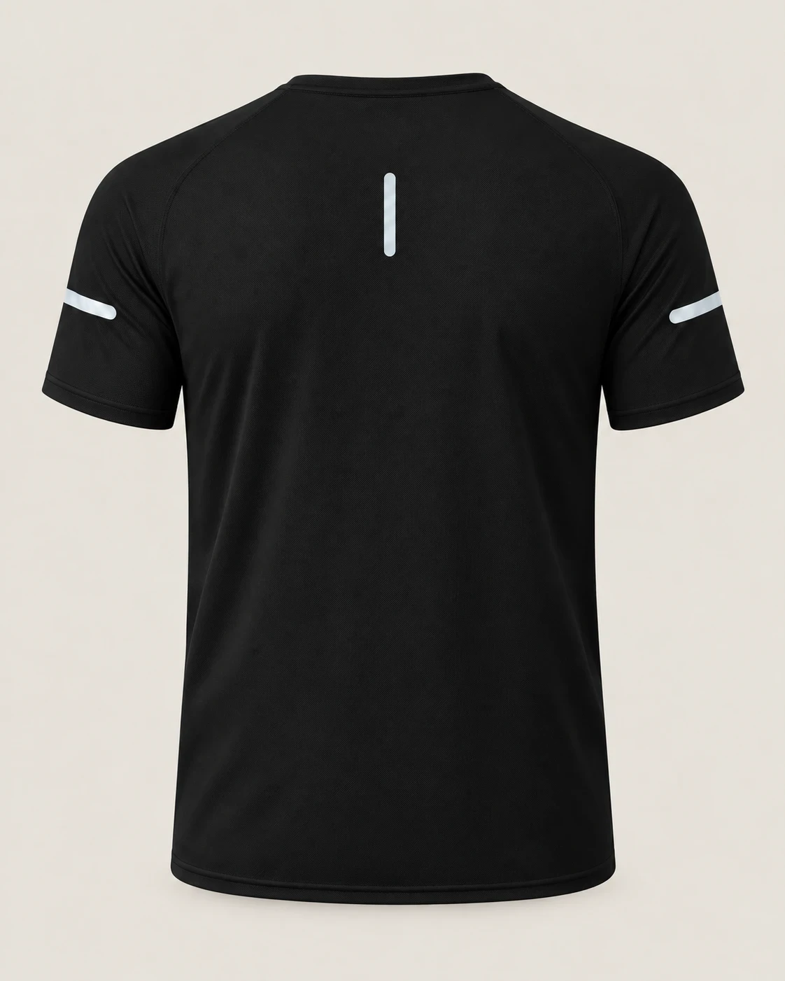 Black raglan-sleeve VEYVU training tee, back: a vertical reflective stripe below the neckline and reflective stripes on both sleeves.