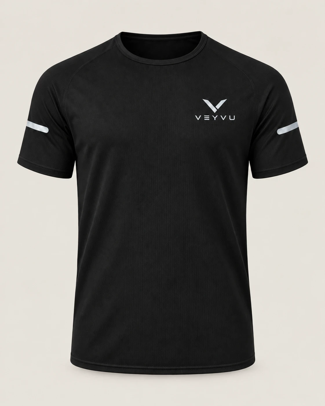 Black raglan-sleeve VEYVU training tee, front: VEYVU logo on the left chest and reflective stripes on both sleeves.